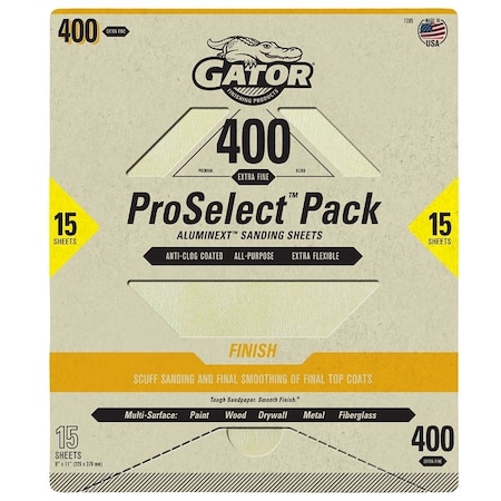 Gator Sanding Sheet, 11 in L, 9 in W, Extra Fine, 400 Grit, Aluminum Oxide Abrasive 7285