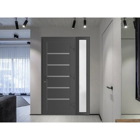 Vdomdoors Front Exterior Prehung Metal-Plastic Door, Manux 8415 Antracite Grey, Side Sidelite Transom, Office MANUX8415EXD-ANT-W30+16xH80-LH