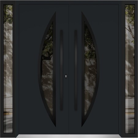 Vdomdoors Metal Double Doors Deux 6501 Black Enamel Opaque Black Glass 2 Sidelights Entry Modern Painted 100x DEUX6501DEXD-BLK-W14+72+14xH80-LH-I