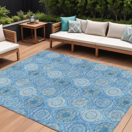 Homeroots 9' X 12' Denim Blue Sky Blue And Ivory Floral Medallion Washable Indoor Outdoor Area Rug 614585