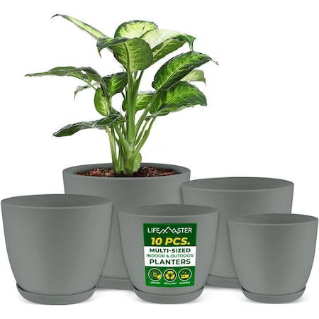 Lifemaster Planter Pots with Drainage Holes, Lightweight, Durable, Space-Saving, Gray, 10PK LMFLOPGRY510