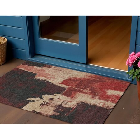 Homeroots 3' X 5' Brick Red And Red Abstract Washable Indoor Outdoor Area Rug 609160