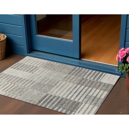 Homeroots 3' X 5' Beige Ivory And Taupe Striped Washable Indoor Outdoor Area Rug 613151