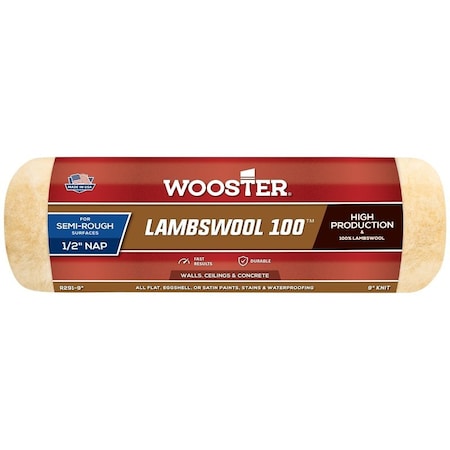 Wooster Roller Cover, 1/2 in Thick Nap, 9 in L, Lambs Wool Cover, Buff R291-9
