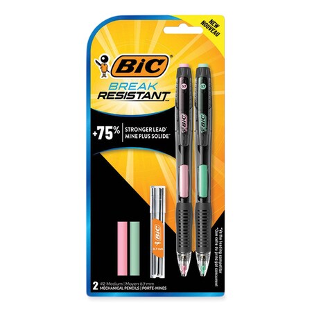 Bic Break-Resistant Mechanical Pencils with Erasers, 0.7 mm, HB #2, Black Lead, Assorted Barrels, 2PK MV7PRP2-BLK