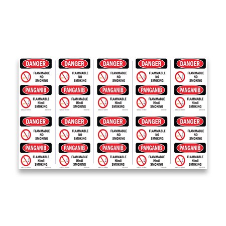 OSHA Danger Sign, Flammable No Smoking Bilingual, 5in X 3.5in Decal, 10PK, OS-DS-D-35-VT-1824-10PK