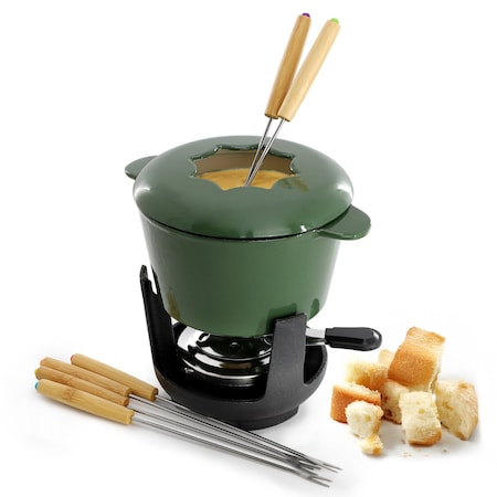 Megachef Enameled Cast Iron Fondue Pot with 6 Serving Forks in Green MCCI-001