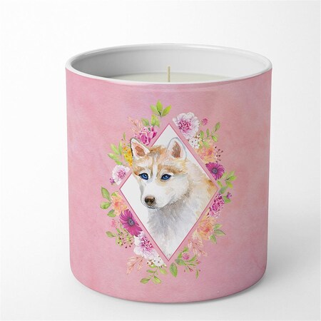 Carolines Treasures 10 oz Red Siberian Husky Pink Flowers Decorative Soy Candle CK4148CDL