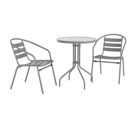 Flash Furniture Lila 23.75in Round Glass Top Metal Table with 2 Silver Aluminum Slat Stack Chairs TLH-071RD-017CSV2-GG