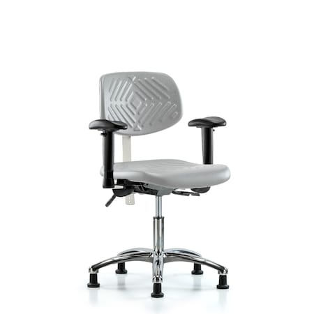 Blue Ridge Ergonomics Class 100 Poly Clean Room Chair - Desk Height with Adjustable Arms & Stationary Glides in Gray Poly NCR-PDHCH-CR-T0-A1-RG-GRY