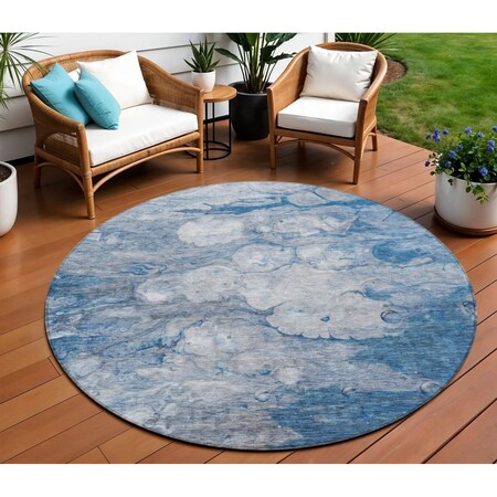 Homeroots 8' Denim Blue And Sky Blue Round Abstract Washable Indoor Outdoor Area Rug 582160
