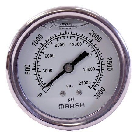 Marsh Pressure Gauge, 1/4 in NPT, Center Back Location J6454P