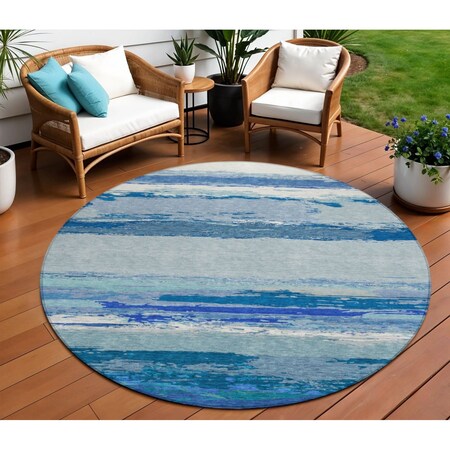 Homeroots 8' Blue Round Abstract Washable Indoor Outdoor Area Rug 608639