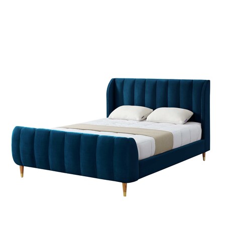 Homeroots Navy Blue Solid Wood Queen Tufted Upholstered Velvet Bed Frame 544856