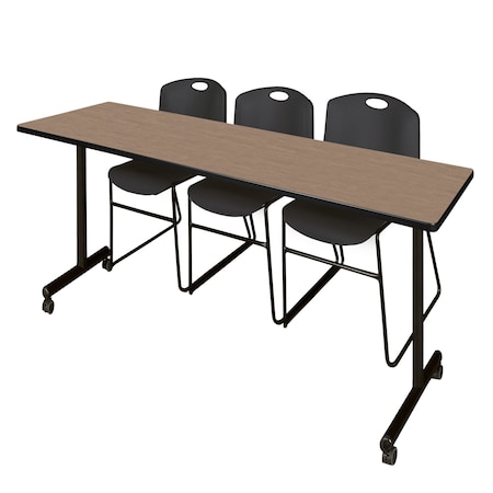 Regency Kobe Mobile T-Base Training Table W/ 2 Zeng Stack Chairs, 84 in W, 24 in L, Noble Oak MKTRCC8424NO44BK