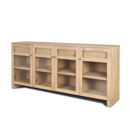 Homeroots 80in Light Brown Solid Wood Three Drawer Sideboard Soft Close with Four Glass Doors 611025