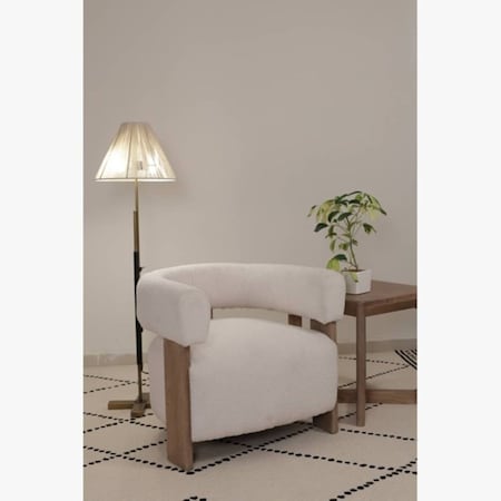 Homeroots 31" White and Brown Boucle and Solid Wood Arm Chair 653084