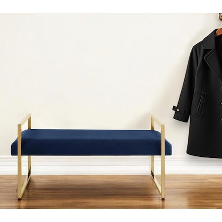 Homeroots 48" Navy Blue and Gold Velvet Upholstered Bench 530650