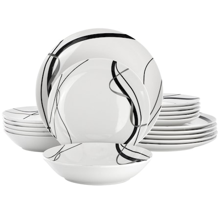 Elama Sarah 18 Piece Porcelain Ribbon Lined Dinnerware Set, Service for 6 in White and Black 750123740M