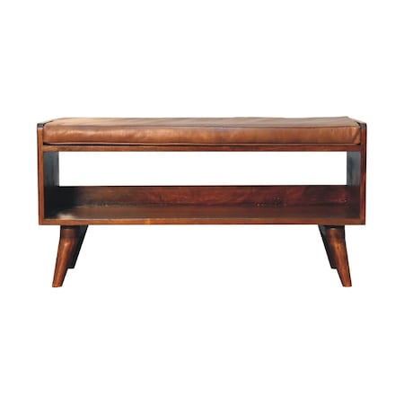 Homeroots 35in Brown Genuine Leather and Solid Wood Upholstered Storage Bench With Cabinet 717469
