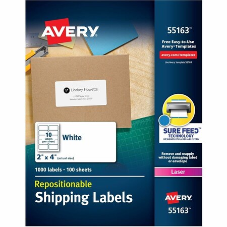 Avery Dennison Avery, REPOSITIONABLE SHIPPING LABELS W/SURE FEED, INKJET/LASER, 2 X 4, WHITE, 1000PK 55163