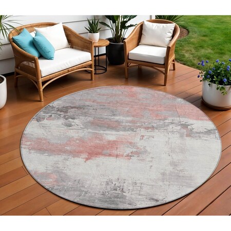 Homeroots 8' Coral And Gray Round Abstract Washable Indoor Outdoor Area Rug 617718