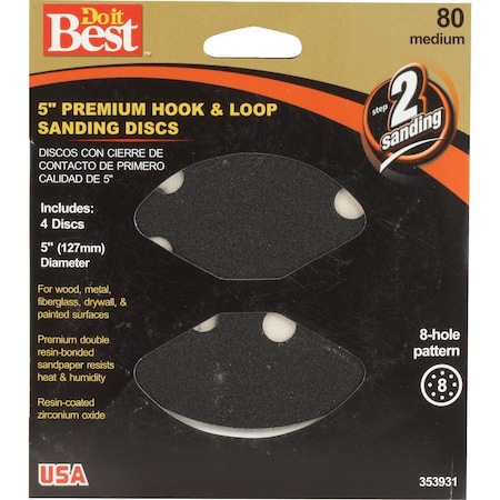 Do It Best 5'' 80-Grit 8-Hole Pattern Black Zirconium Vented Sanding Disc with Hook & Loop Backing, 4PK 7722004