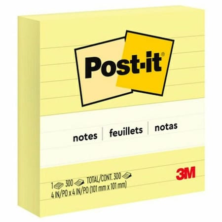 3M Post-it, Original Lined Notes, 4 X 4, Canary Yellow, 300-Sheet 675YL