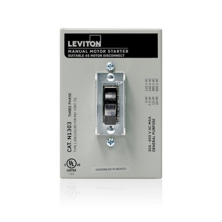 Leviton Manual Motor Switch, 30 A, 3 P, 3 Phase, Toggle, Powerswitch Series, NEMA 1 N1303-DS