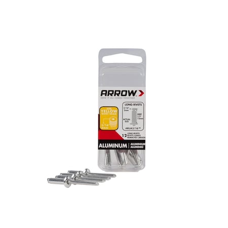 Arrow Pop Rivet, Long, 1/2 in L, Aluminum Silver, 12PK RLA3/16