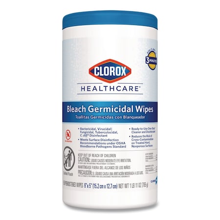 Clorox Bleach Germicidal Wipes, 6 x 5, Unscented, 150/Canister 30577