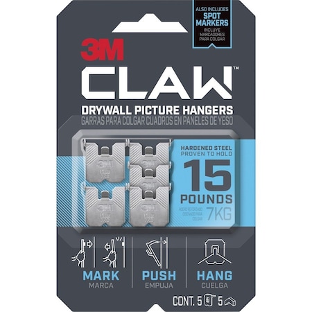 3M Picture Hanger, Silver, Steel, 5/8 in D, PK5 3PH15M-5ES