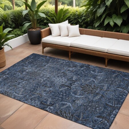 Homeroots 9' X 12' Navy Blue And Charcoal Damask Washable Indoor Outdoor Area Rug 603327