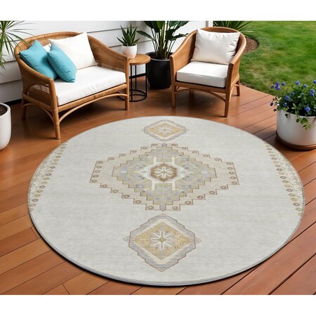 Homeroots 8' Ivory Gray And Brown Round Oriental Washable Indoor Outdoor Area Rug 598420