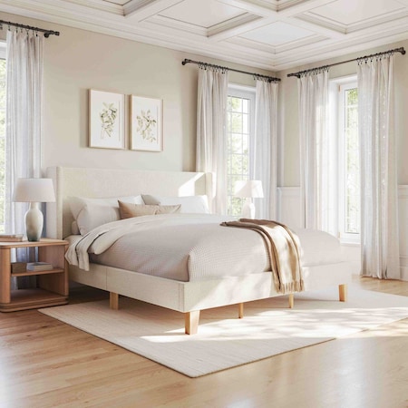 Martha Stewart Maisie King Upholstered Platform Bed, Wingback Headboard and Cushioned Siderails TW-3WDB0032BC-K-OWH-MS