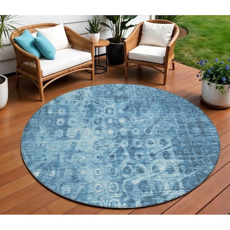 Homeroots 8' Blue Round Ikat Washable Indoor Outdoor Area Rug 576973
