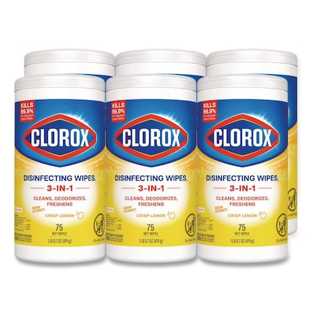 Clorox Disinfecting Wipes, Bleach Free Cleaning Wipes, 1-Ply, 7 x 7.75, Crisp Lemon, White, 75 Wipes, 6PK 01628