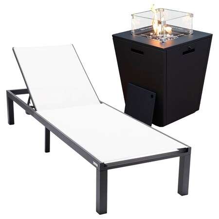 Leisuremod Marlin Modern Black Aluminum Patio Chaise Lounge Chair with Square Fire Pit Side Table, White MLBLCF21-77W