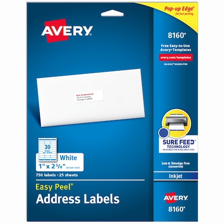 Avery Inkjet Label, 2 5/8 in Label W, 1 in Label H, 30 Labels per Sheet White 727828160