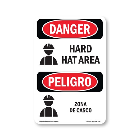 Signmission OSHA Danger Sign, Hard Hat Area Bilingual, 24in X 18in Rigid Plastic, OS-DS-P-1824-VPR-1292 OS-DS-P-1824-VPR-1292