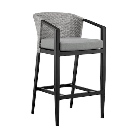 Armen Living Palma Outdoor Patio Counter Height Bar Stool in Aluminum and Wicker with Gray Cushions LCPFBAGR26