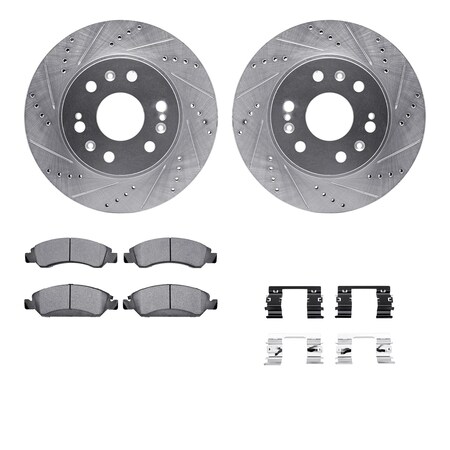 Dynamic Friction Co DFC Brake Rotor - Drilled & Slotted - Silver- Heavy Duty Brake Pad includes Hardware 7412-48036
