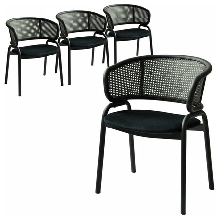 Leisuremod Ervilla Dining Chair in Black Steel Frame with Black Wicker Back and Black Seat, 4PK ECBL-20BL-BL4