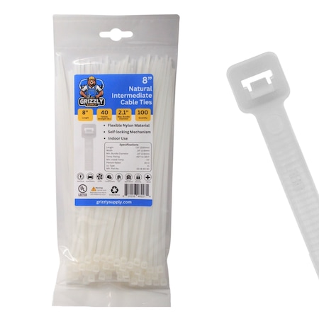 Grizzly Supply Cable Tie, 8 in L, 40 lb Strength, 2.2 in Max Bundle Dia, Nylon 6/6, Natural, 100PK GS-I8-40-9C
