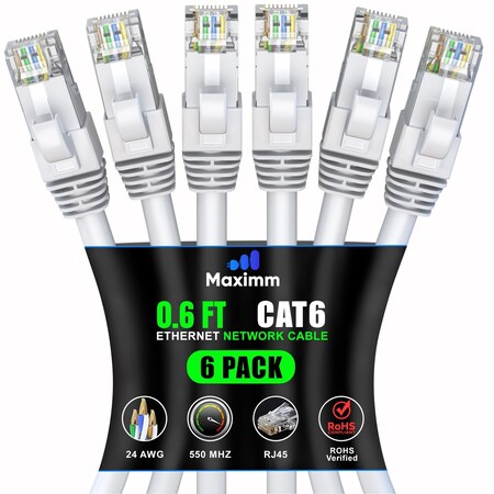 Maximm Cat6 Ethernet Cable 0.6ft 10Gbps 550MHz UTP, 6PK, White, 6PK WH6PK01