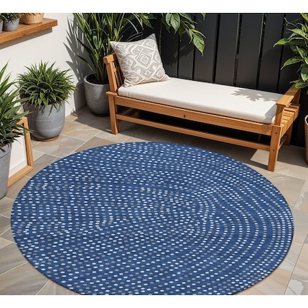 Homeroots 8' Navy Blue Gray And Ivory Round Polka Dot Washable Indoor Outdoor Area Rug 599060