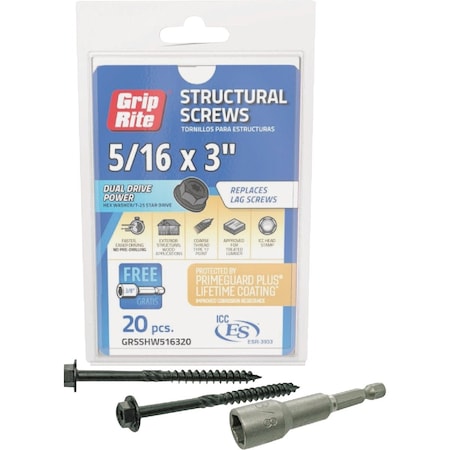 Grip-Rite PrimeGuard Plus 5/16''x3'' Hex Washer Head Structural Screw, 20-Count GRSSHW516320