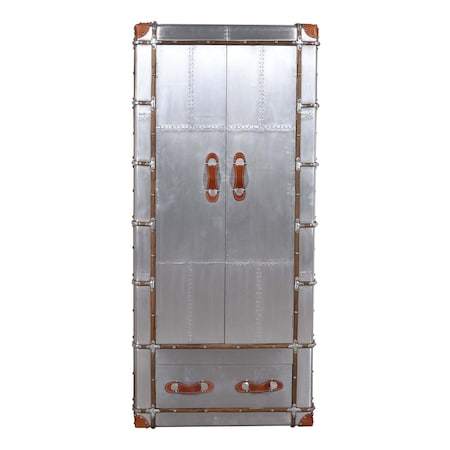 Homeroots 71in Silver Solid Wood and Aluminum Accent Cabinet Soft Close With Two Doors And One Drawer 489025
