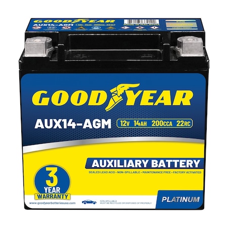 Goodyear AUX14-AGM BCI Group Size 400 12V 14 AH, 22RC, 200 CCA Platinum series AGM Auxiliary Battery GY4143262
