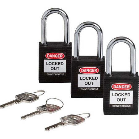 Brady Lockout Padlock, Keyed Alike, Nylon, Black, 1 1/2 in Shackle Height, 1 1/2 in Body Width, 3 PK 123269